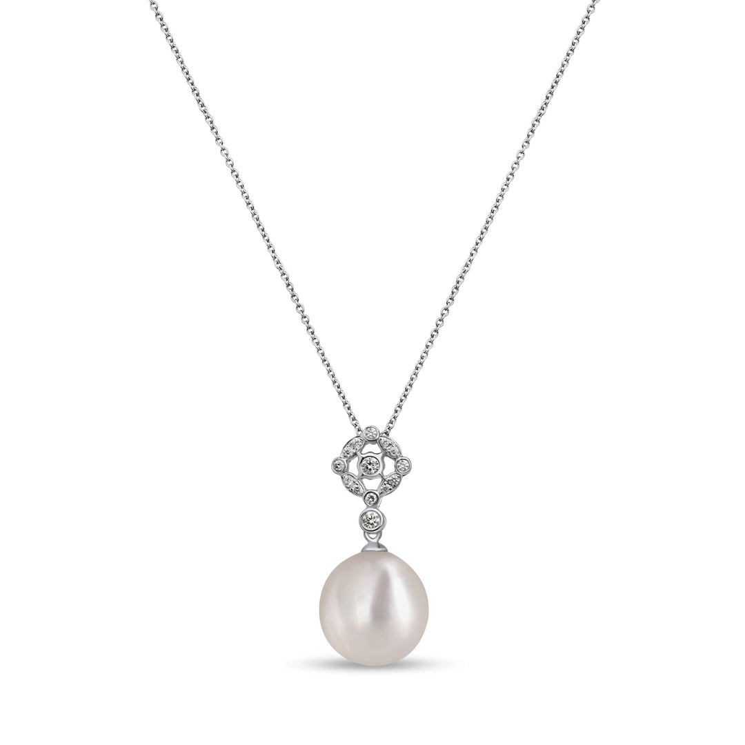 South Sea Pearl necklace with a white gold chain on a white background, natural diamonds, Art Deco 