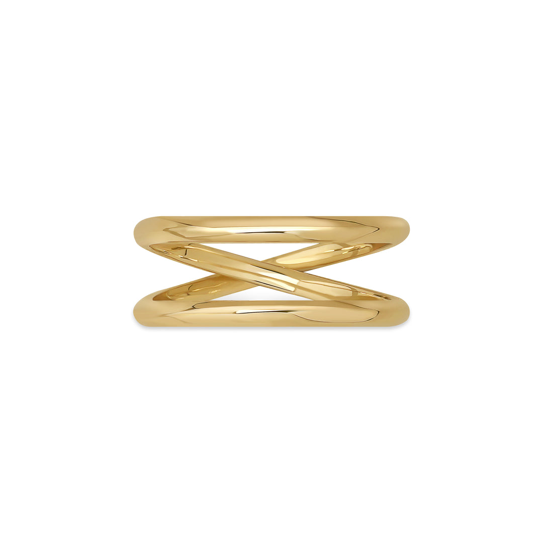 Ocean Bleu Arco Band in yellow gold, featuring a modern crossover double band design with knife edge details. Custom gold ring in Singapore.