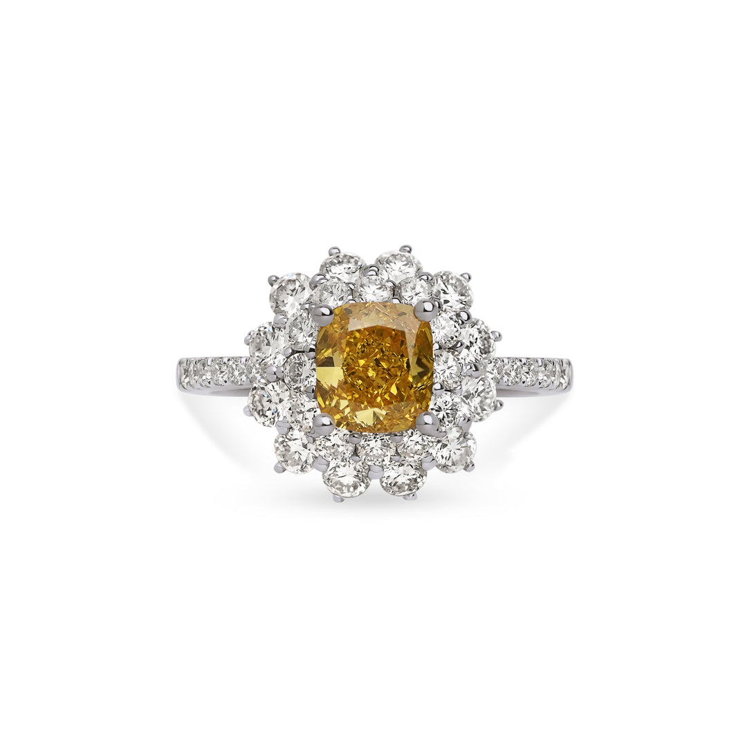 Fancy Vivid Yellow cushion cut lab grown diamond ring with a white diamond floral halo and diamond band. One of a kind yellow diamond ring at Ocean Bleu Fine Jewellery Singapore.