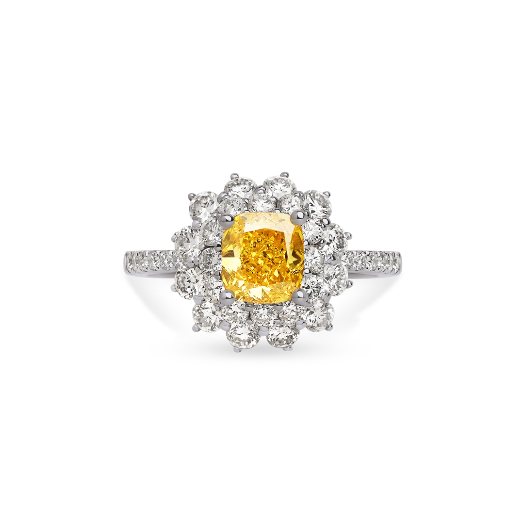 Fancy Vivid Yellow cushion cut lab grown diamond ring with a white diamond floral halo and diamond band. One of a kind yellow diamond ring at Ocean Bleu Fine Jewellery Singapore.