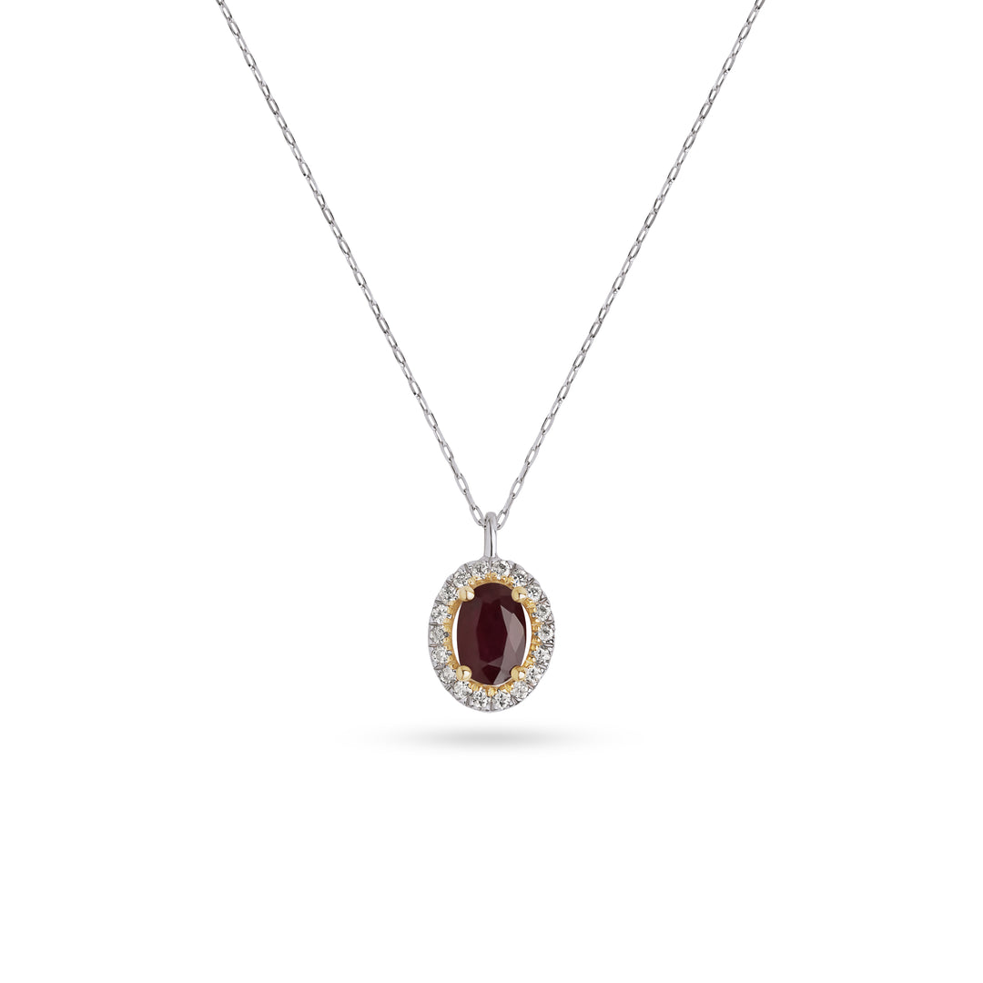 Elegant natural ruby pendant necklace with a diamond halo, crafted in platinum and yellow gold by Ocean Bleu Fine Jewellery Singapore.